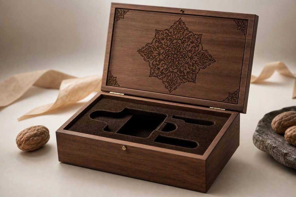 جعبه چوبی سفارشی برای بسته بندی محصولات لوکس و هدیه با طراحی اختصاصی و اتصالات فارسیبر تمیز