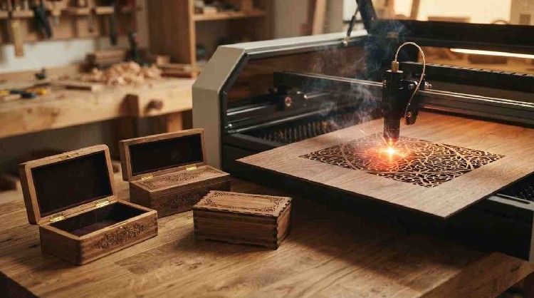 خرید جعبه لوکس چوبی با طراحی کلاسیک و درب حکاکیشده روی میز کار