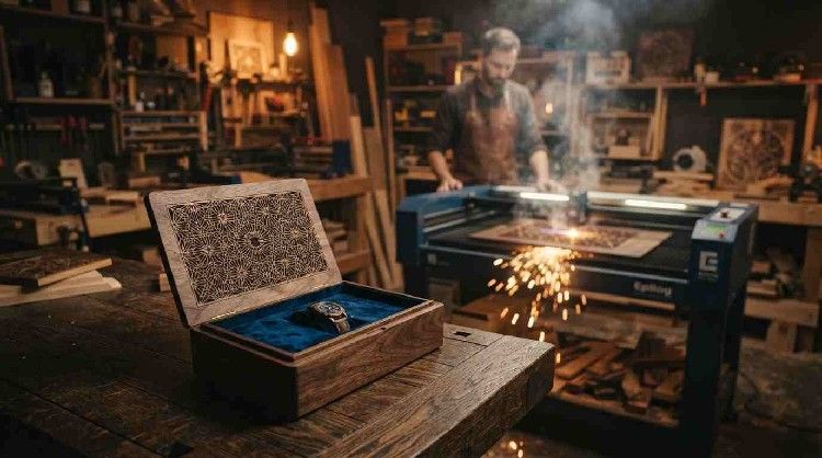 نجار در حال پرداخت نهایی جعبه لوکس دستساز در کارگاه تولیدی