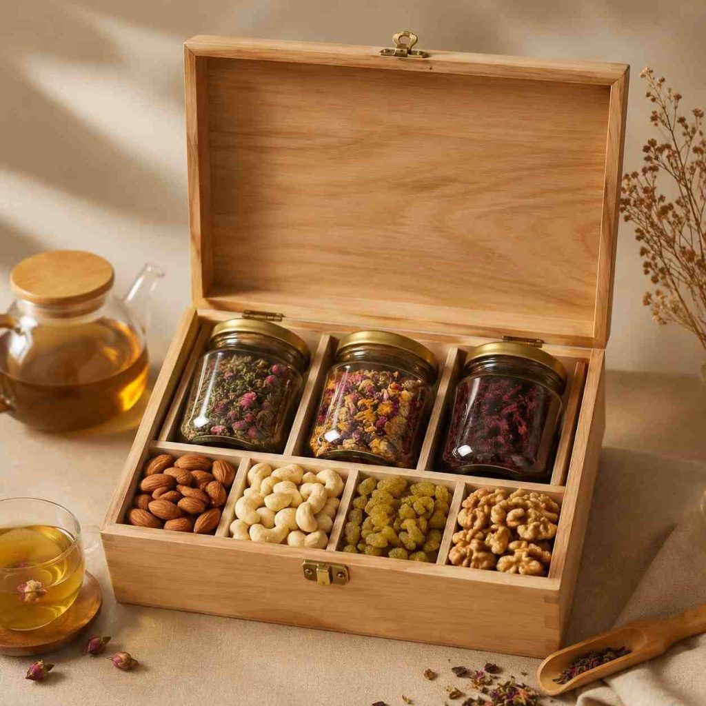 جعبه چوبی، انتخابی طبیعی و شیک برای بسته‌بندی دمنوش و مواد غذایی لوکس — ترکیبی از زیبایی، دوام و حس اصالت که ارزش محصول شما را چند برابر می‌کند.