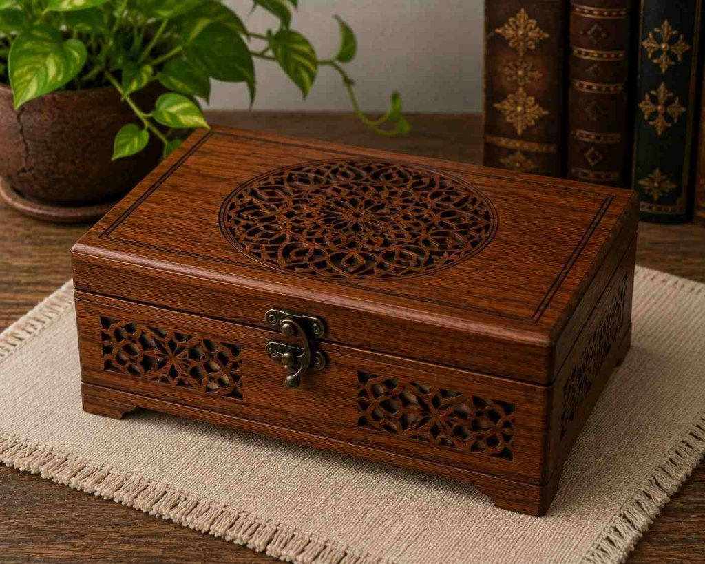 جعبه چوبی لوکس با درب نیمهباز، تزئینات طلایی و چیدمان منظم شکلاتها در سینی تقسیمبندیشده، مناسب سفارش جعبه چوبی لوکس