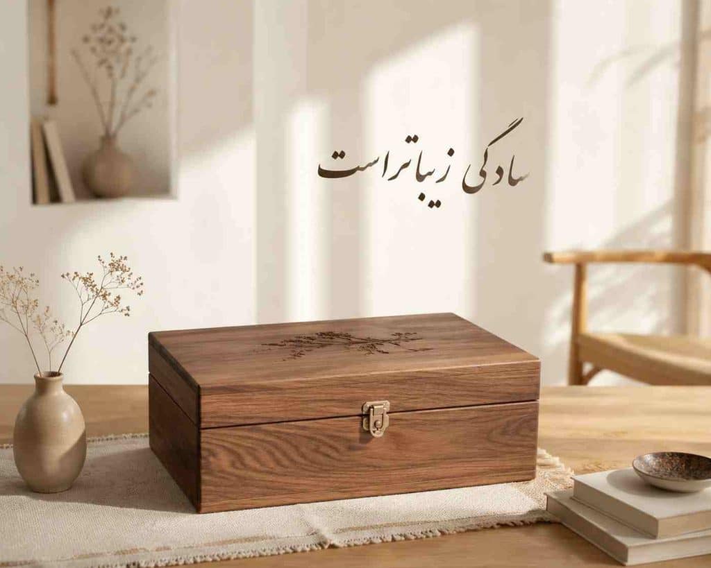 «جعبه چوبی با قفل فلزی و شعار سادگی زیباتر است به خط فارسی در دکوراسیون مینیمال»