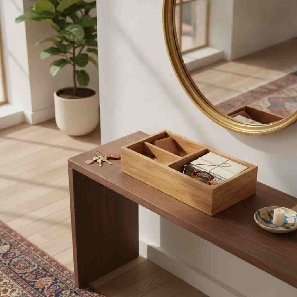 جعبه چوبی نظم دهنده روی میز کنسول ورودی منزل برای نگهداری کلید، عینک و وسایل کوچک روزمره