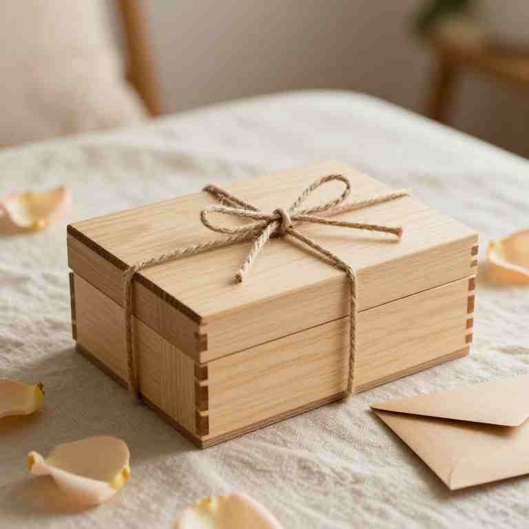 باکس چوبی هدیه با روبان کنفی، پاکت کاغذی و گلبرگهای روشن روی سطحی نرم و روشن