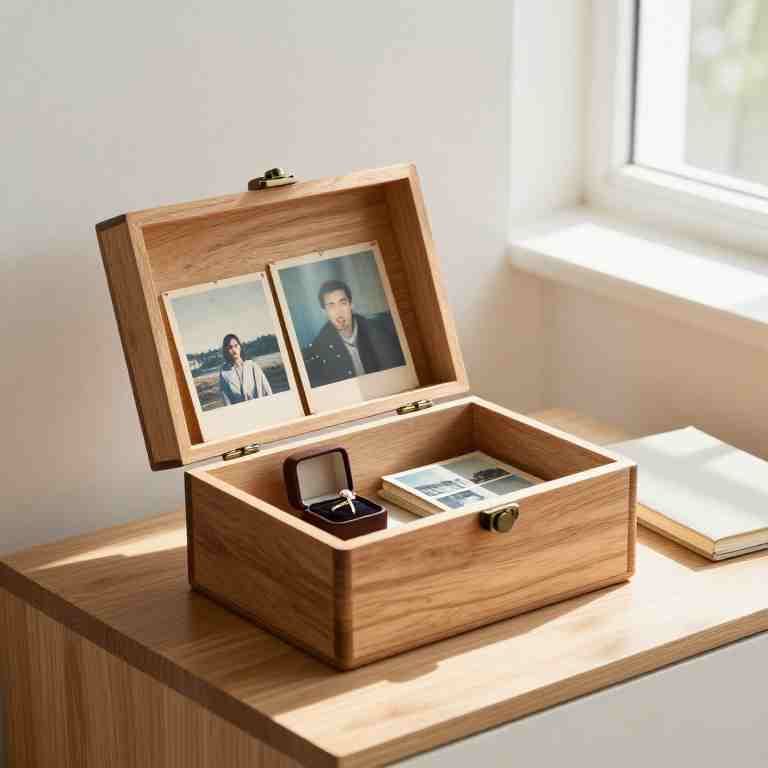 باکس چوبی هدیه با عکسهای یادگاری، حلقه و فضای روشن و مینیمال کنار پنجره