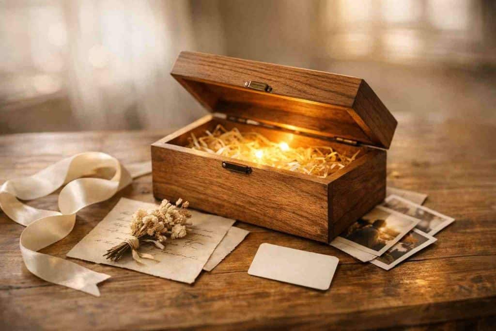 جعبه کادویی چوبی در باز با ریسه نورانی درخشان روی میز چوبی در کنار گل خشک، عکسهای یادگاری و روبان سفید