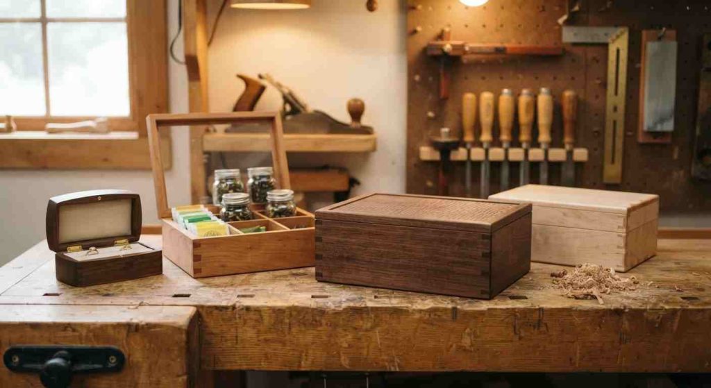 چندین مدل جعبه چوبی سفارشی با ابعاد مختلف در کنار ابزارهای نجاری سنتی روی میز کارگاه جعبه سازی