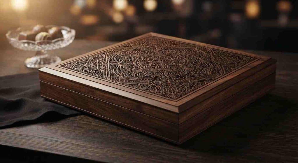جعبه چوبی لوکس با درپوش حکاکی‌شده اسلیمی و طرح هندسی مناسب ساخت جعبه چوبی سفارشی