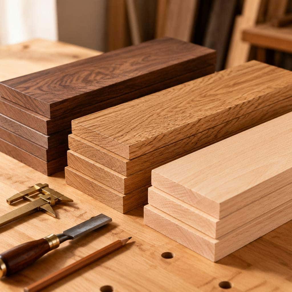 مقایسه چوب‌های گردو، راش و بلوط در کنار ابزارهای نجاری، بخش فنیِ راهنمای انتخاب چوب برای جعبه‌سازی